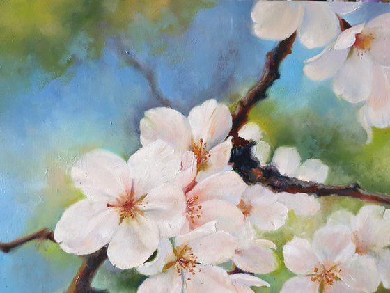"Apple blossom." apple tree flower spring  liGHt original painting PALETTE KNIFE  GIFT (2020)