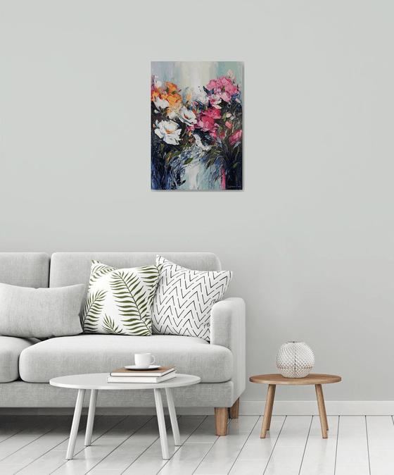 Modern flowers (50x70cm, oil painting, palette knife, ready to hang)