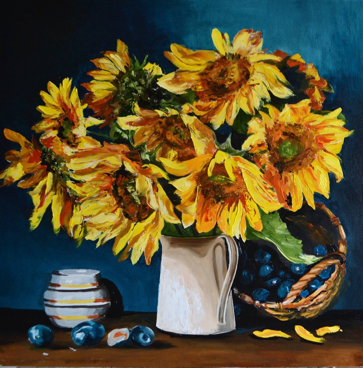 Oil Painting , Sunflowers And Plums By Valeriia Radziievska, 28 X 28, Artwork For Sale On Artfinder