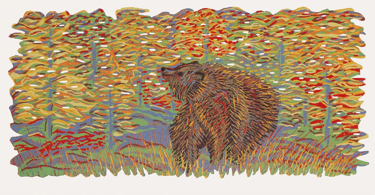 Abstract Animal Linocut By Angela Maher, 14 X 8, King Of The Hill, Original Artwork