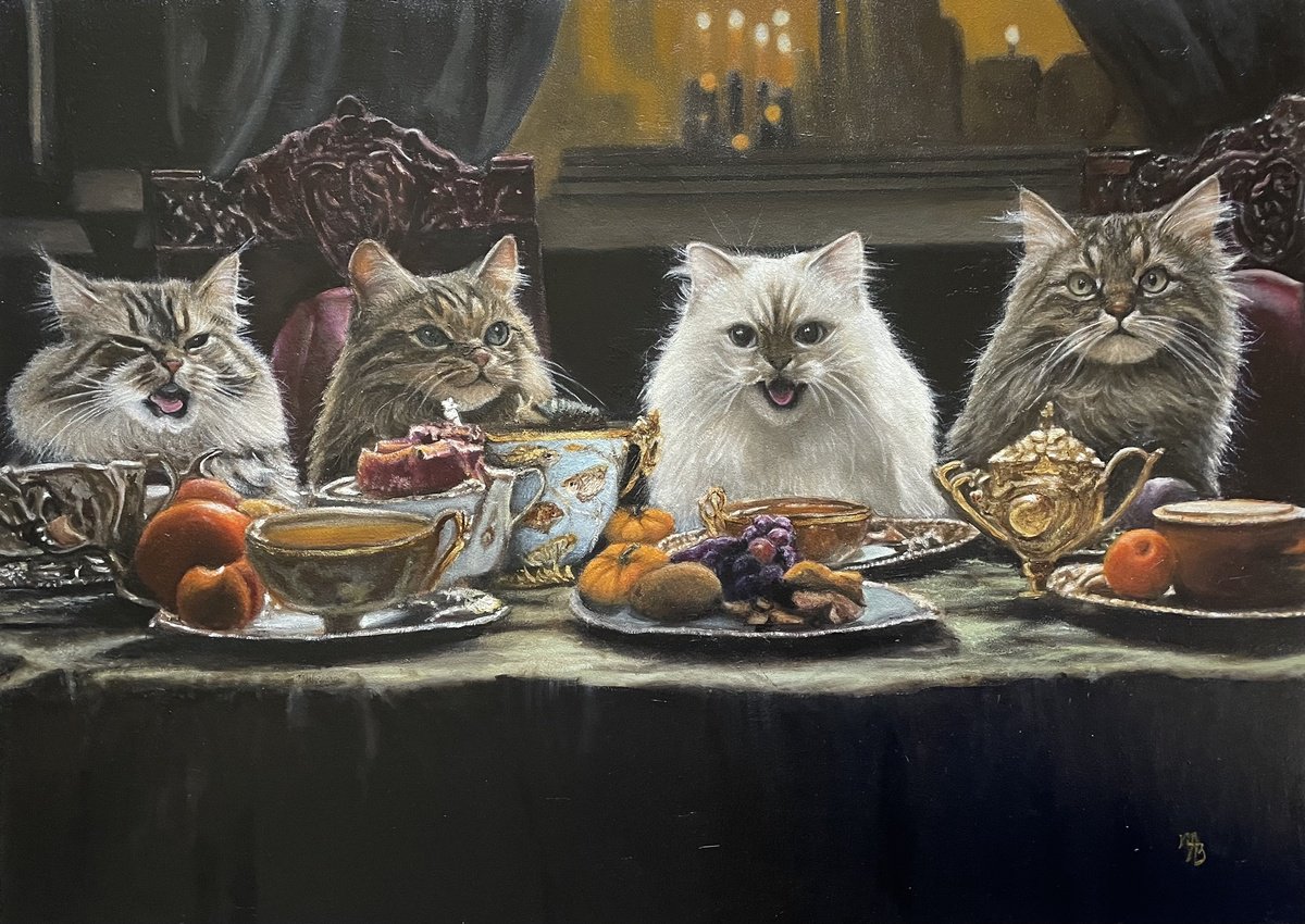 Photorealistic Animal Oil Painting By Maria Arias, 31 X 23", Mischievous Cats, Original Artwork