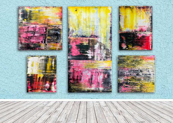 "A Motley Crew" - Save As A Series - Original PMS Abstract Polyptych Acrylic Paintings On Canvas and Wood - 70" x 50"