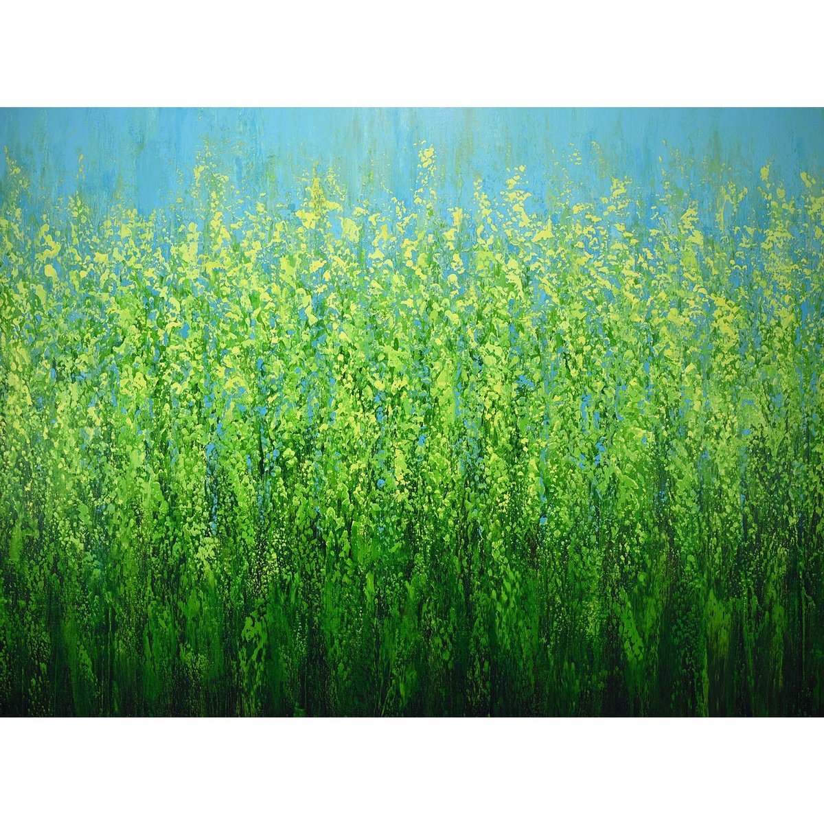 Expressive Abstract Acrylic Painting By Suzanne Vaughan, 54 X 40", Cascading Soft Greens, Original Artwork