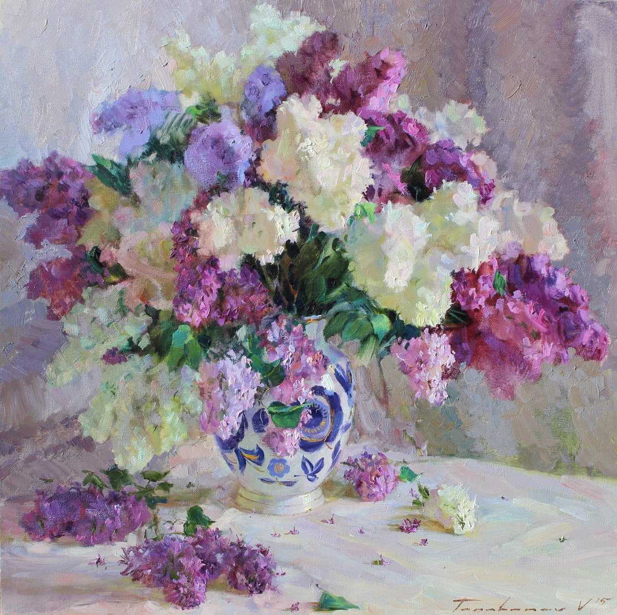 Impressionistic Still Life Oil Painting By Volodymyr Tarabanov, 26 X 26", Bouquet Of Lilacs, Original Artwork