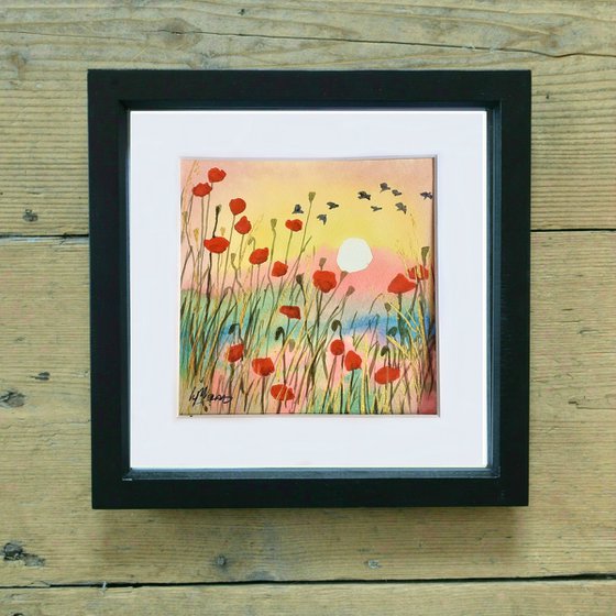 Poppies in the Sun Two - mounted watercolour, small gift idea