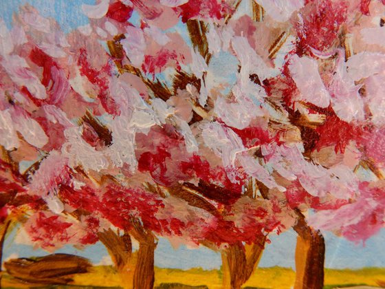 Cherry Blossom. Landscape Miniature. Easel is included. Gift painting. Ready to hang.