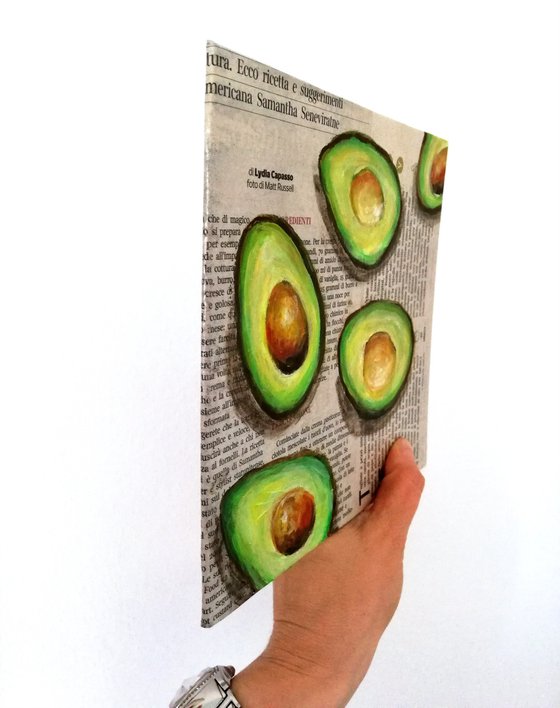 "Avocadoes on Newspaper" Original Acrylic on Canvas Board Painting 8 by 8 inches (20x20 cm)