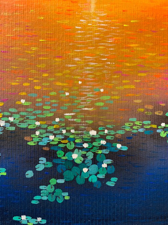 Water lily pond at sunset - 4 ! A4 size Painting on paper