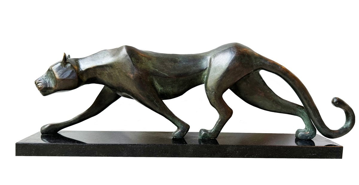 Expressive Animal Bronze Sculpture By Toth Kristof, 22 X 7", Jaguar, Original Artwork