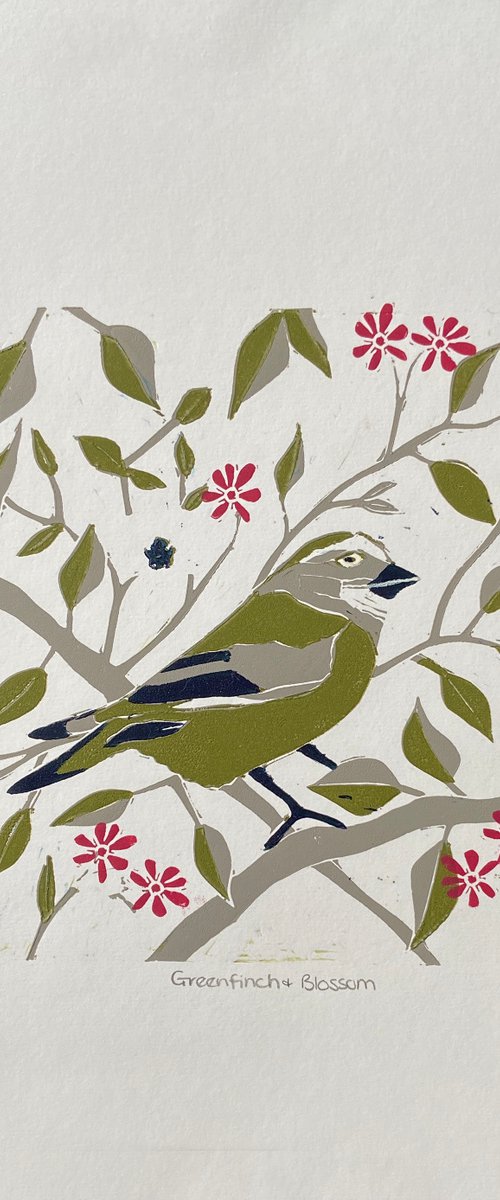 Greenfinch and Blossom by Sue Collins