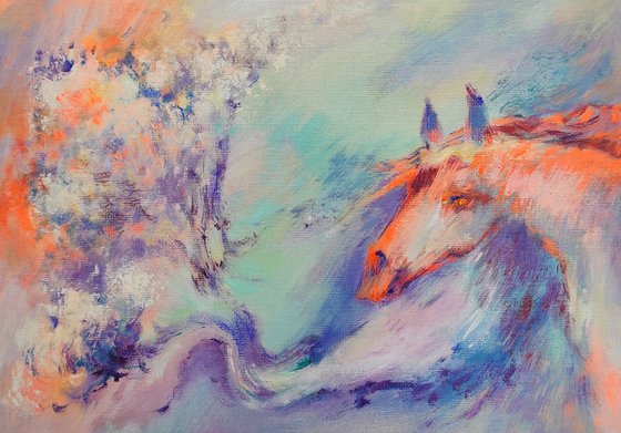 A HORSE IN SPRING FLOWERS