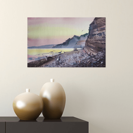 Summer evening by the sea. Seascape watercolor. Original watercolor painting - Gift for her - Gift for him - Ideas for gift