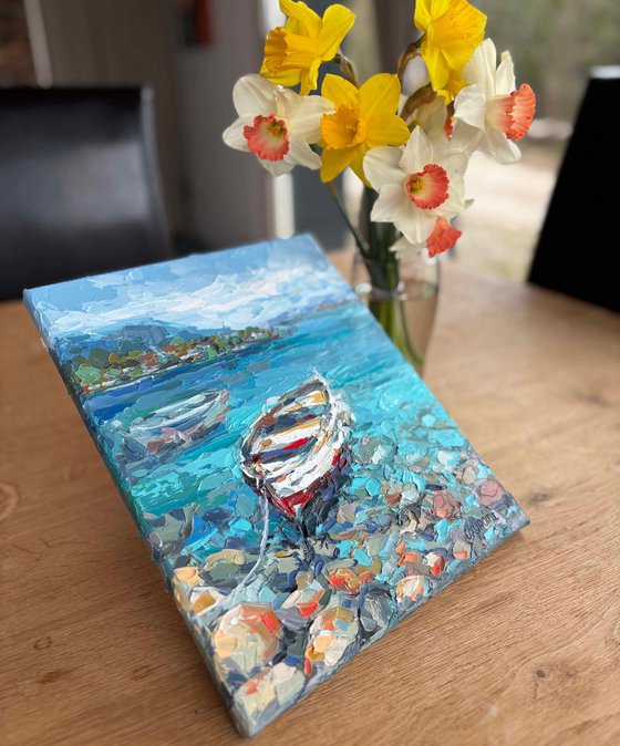 "Boat by the Shore" seascape painting