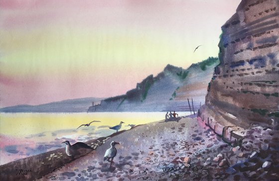Summer evening by the sea. Seascape watercolor. Original watercolor painting - Gift for her - Gift for him - Ideas for gift
