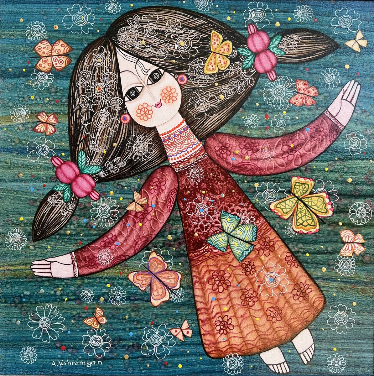 Naive Portrait Oil Painting By Armen Vahramyan, 20 X 20, Butterfly Dreams, Original Artwork