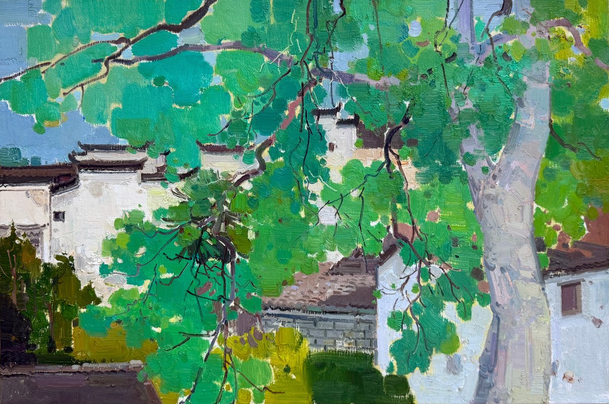 Impressionistic Landscape Oil Painting By Jianzhe Chon, 35 X 24, Big Tree 244, Original Artwork