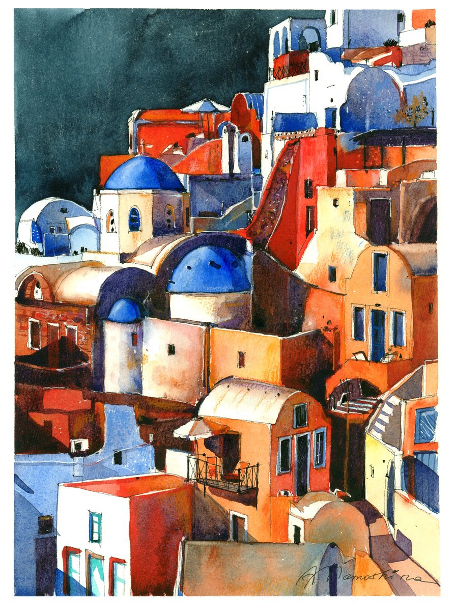 Mystical Orange Santorini Watercolour by Anastasia YOUKKI Mamoshina ...