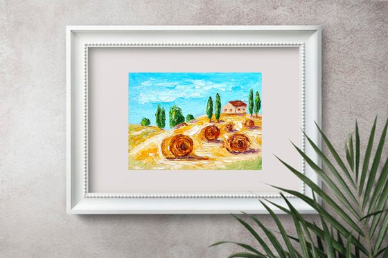 The haystacks, Tuscany Painting Original Art Haystack Artwork Field Wall Art Small Landscape Oil Painting