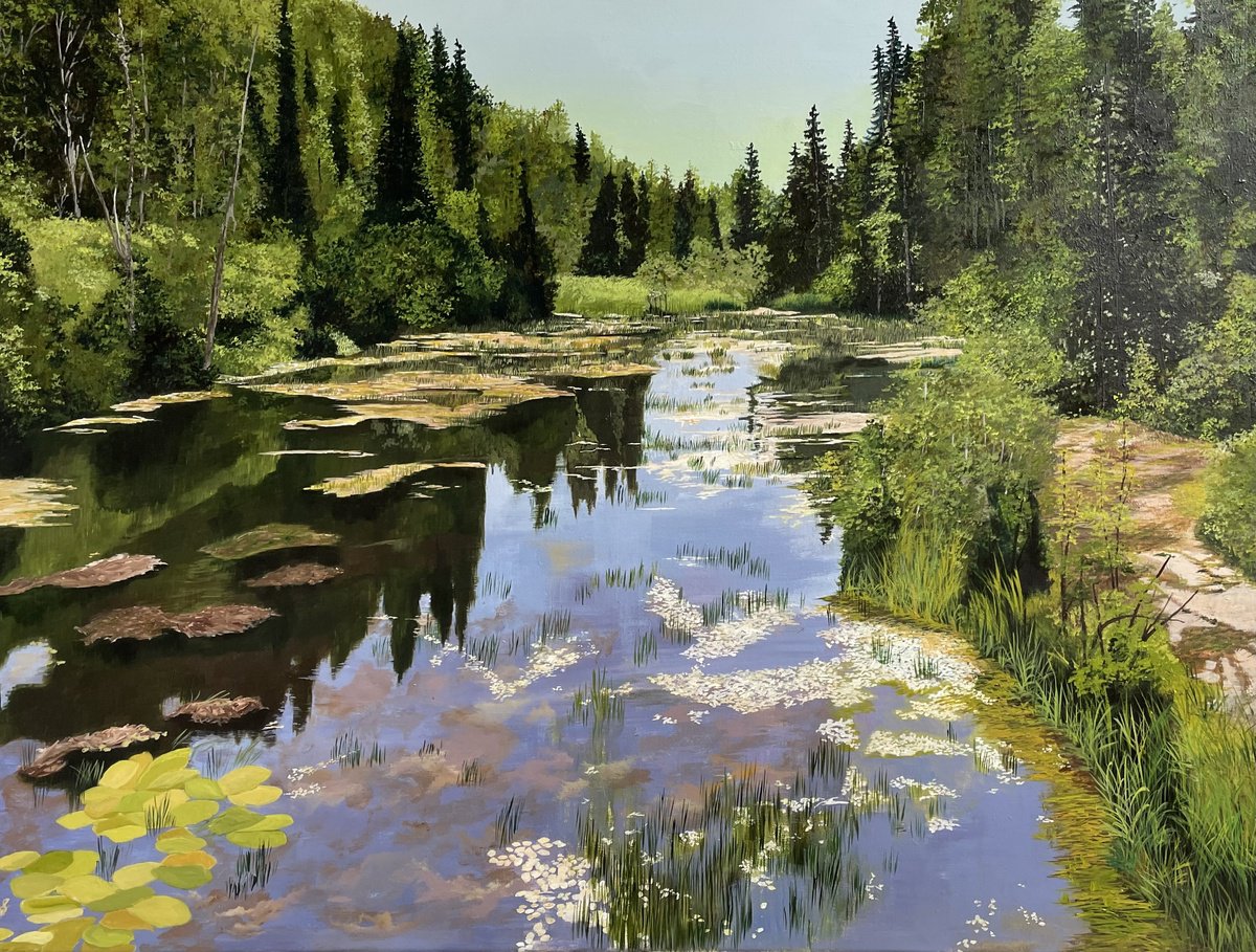Photorealistic Landscape Acrylic Painting By Anne Shaughnessy, 40 X 30, Marshlands Near Sudbury, Original Artwork