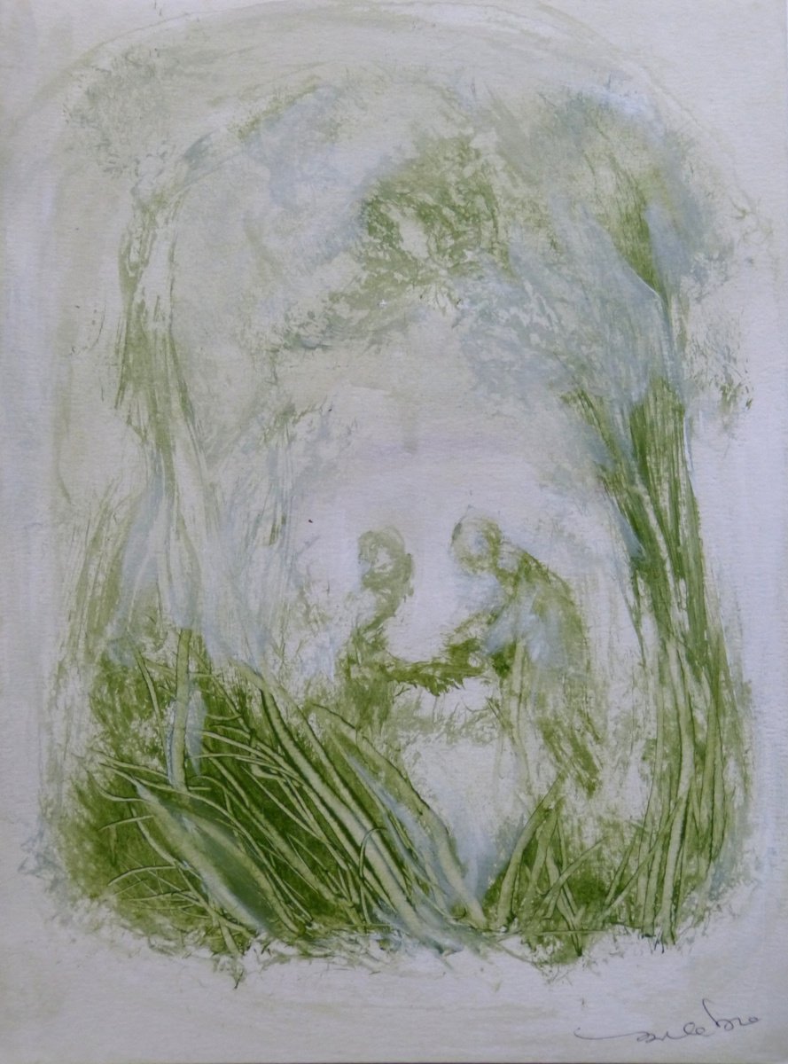Expressive Portrait Drawing By Frederic Belaubre, 8 X 11, Green Mood 31, Acrylic, Original Artwork