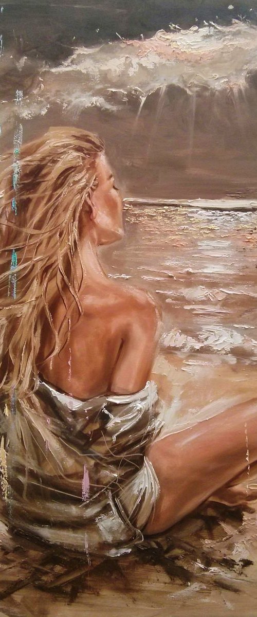 " UNKNOWN PLACES ... "- LARGE SIZE SEA SAND liGHt  ORIGINAL OIL PAINTING, GIFT, PALETTE KNIFE by Monika Luniak