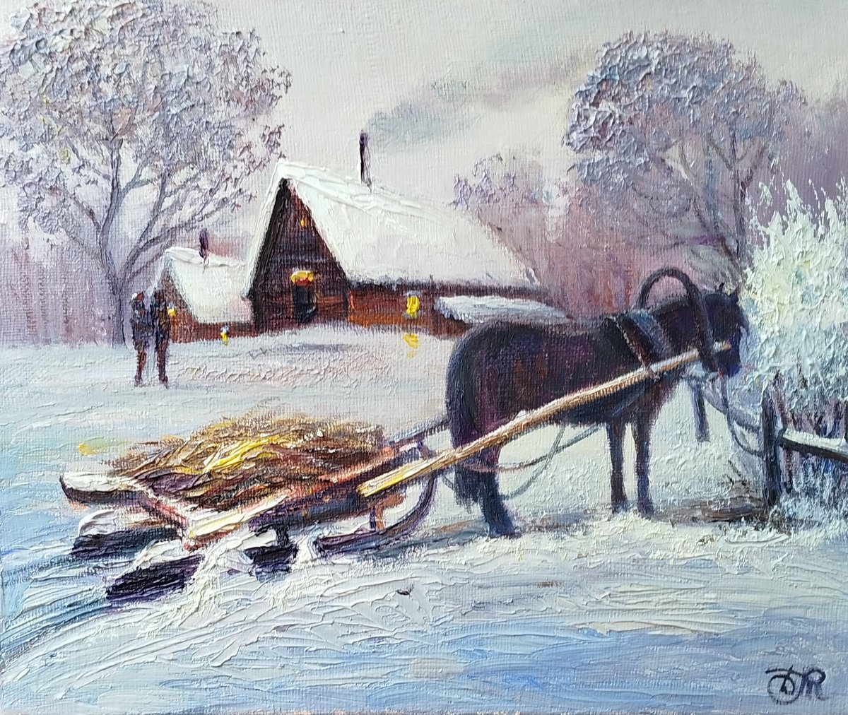 Photorealistic Landscape Oil Painting By Dmitrij Tikhov, 12 X 10, Winter Landscape With Horse, Original Artwork
