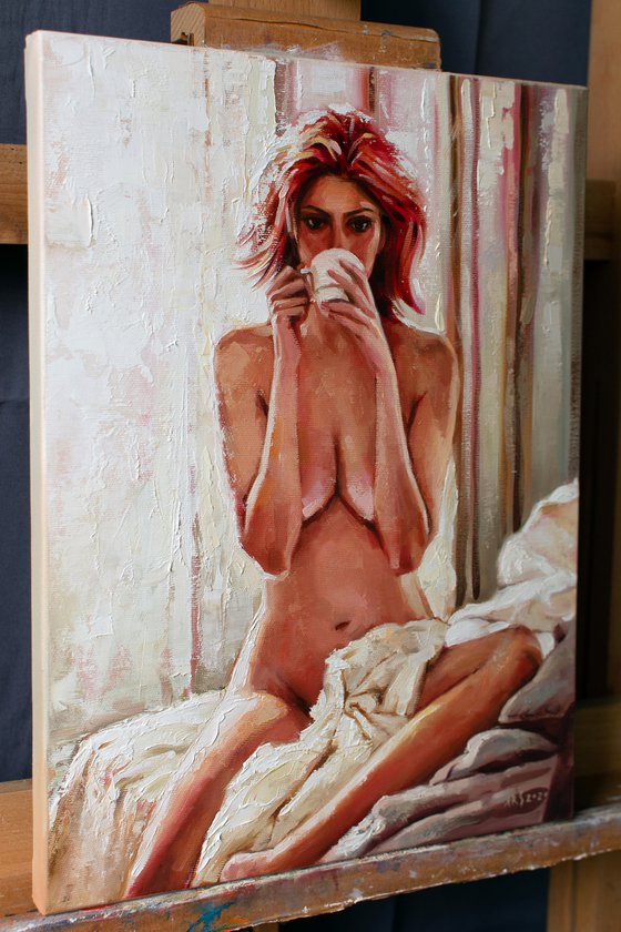 BUT FIRST COFFEE - Elegant Seduction: Original Oil Painting of Beautiful Blonde Girl in Boudoir with a cup of Coffee