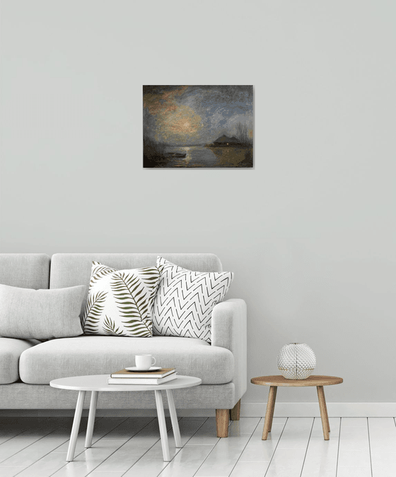 Home: Moonlit Sky and Boat. Original Oil Painting on Canvas.