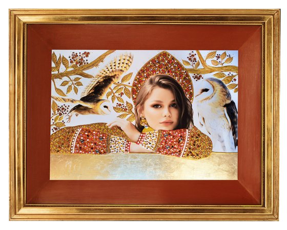 Custom portrait from a photo Queen \ Princess. Art commission. Large painting, mixed media photo collage with precious stones, rhinestones, gold petal