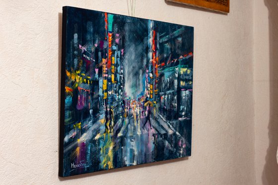 "Street of the night city" people with umbrella , original oil painting