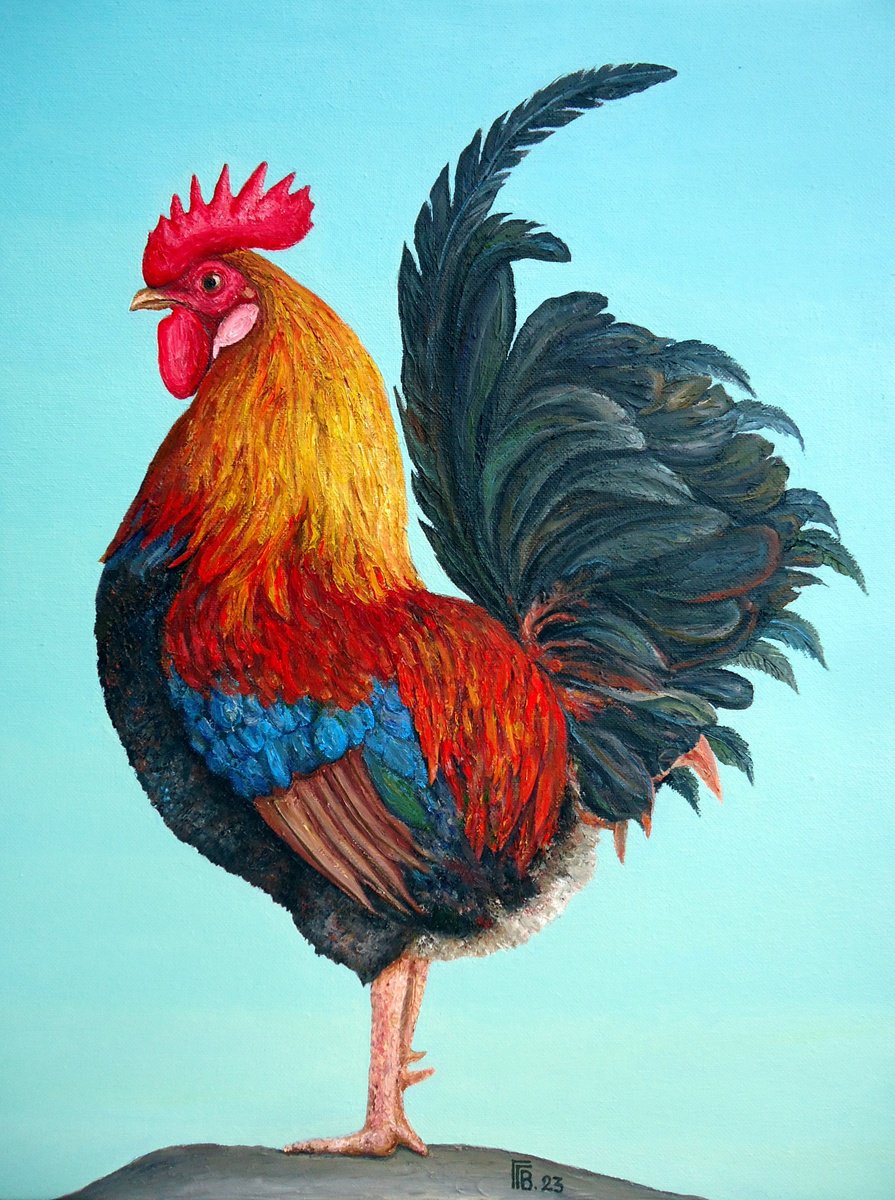 Photorealistic Animal Oil Painting By Grigor Velev, 15 X 20, Welsummer Rooster, Original Artwork