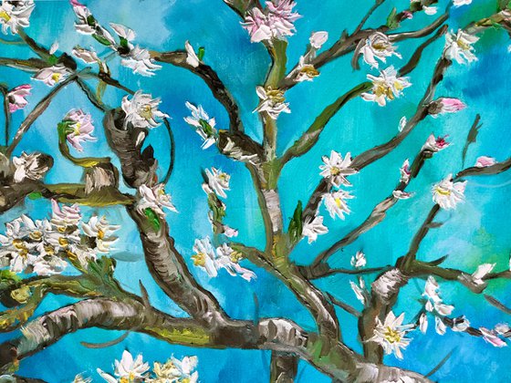 Almond blossom on turquoise inspired by Vincent Van Gogh oil painting ready to hang