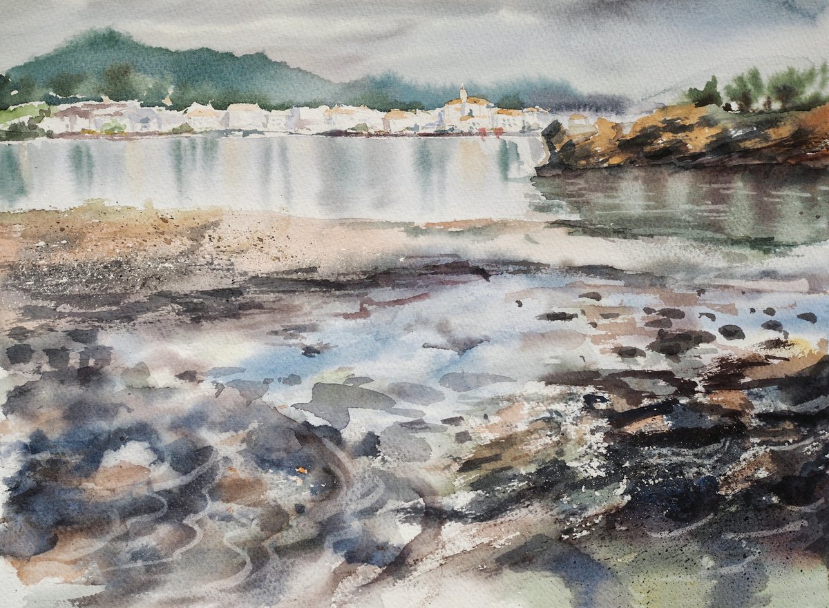 Seaview of Cadaques, Spain - original watercolor by Delnara El