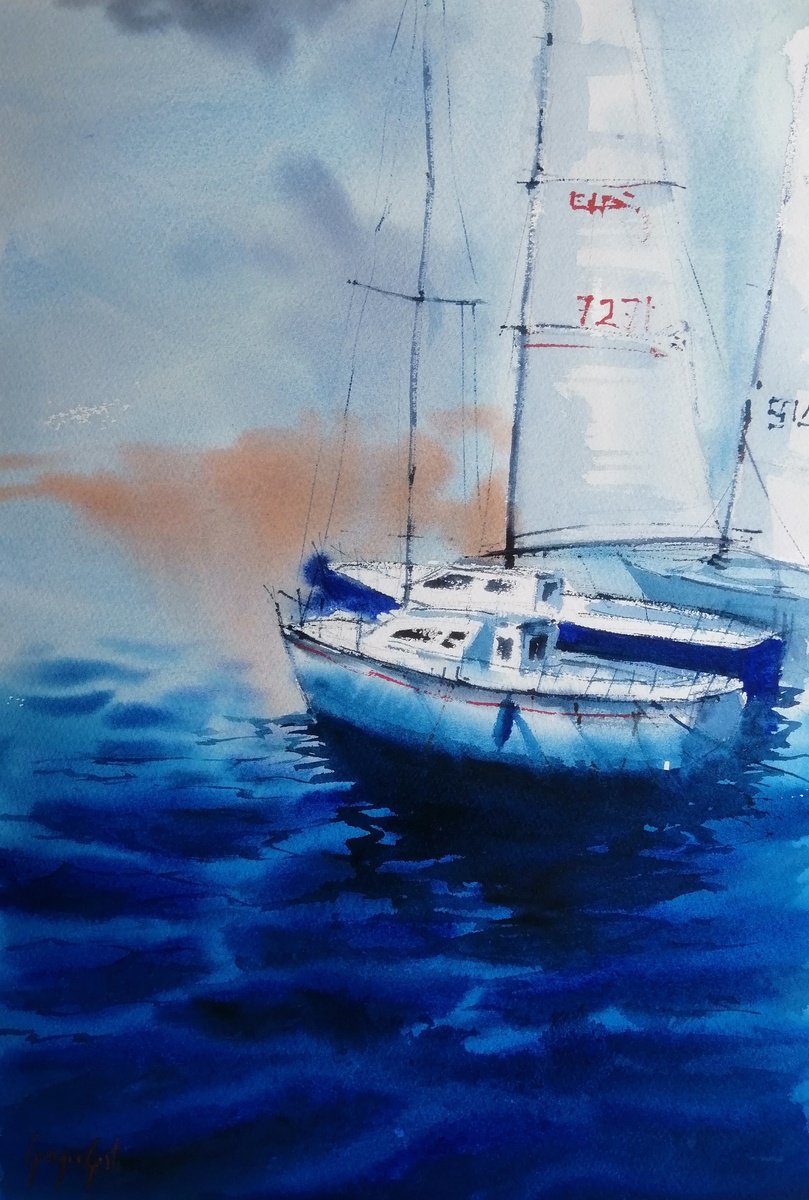 Expressive Landscape Watercolour By Giorgio Gosti, 14 X 21, Boats 80, Original Artwork