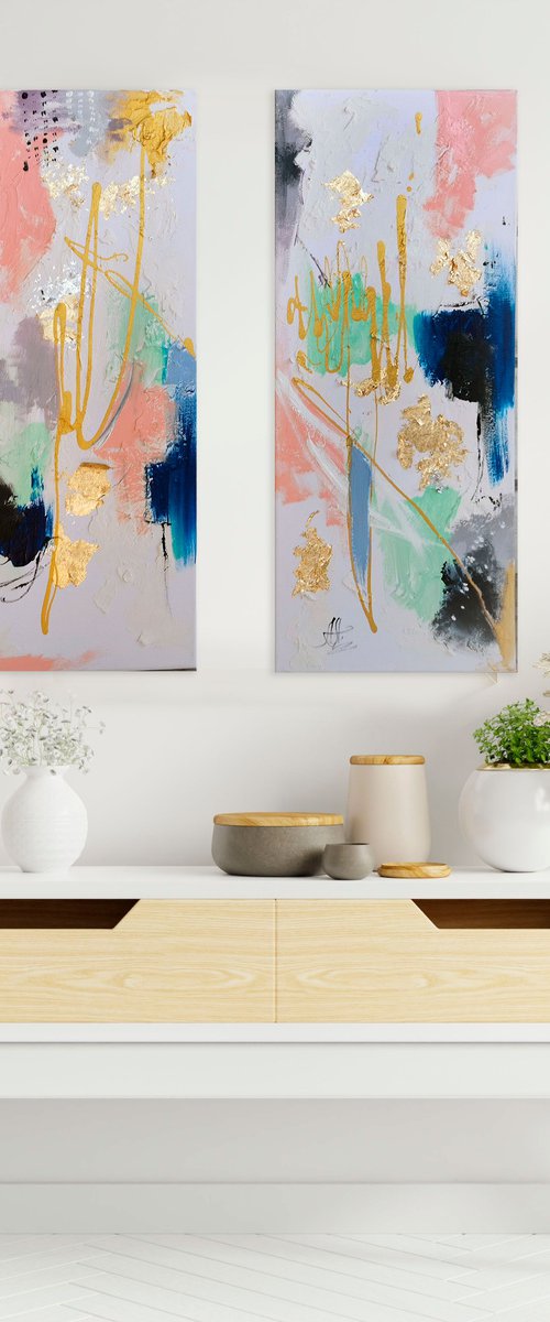 Original Abstract painting, Mint pink painting by Annet Loginova