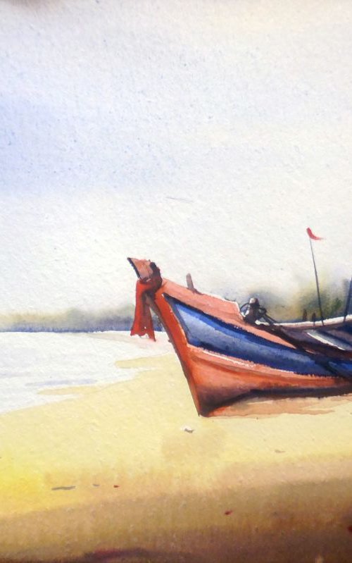 Fishing Boats at Seashore-Watercolor on Paper by Samiran Sarkar