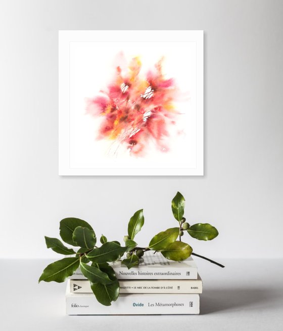 Abstract orange flowers, loose flowers watercolor painting, small wall art Light