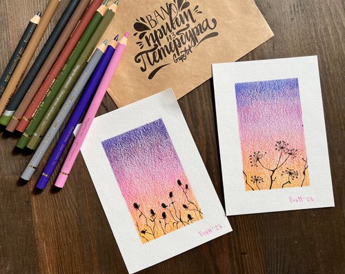 Two miniatures depicting dried flowers against a sunset background. Miniature of flowers, silhouettes of flowers at sunset. Original artworks. by Evgeniya Mokeeva