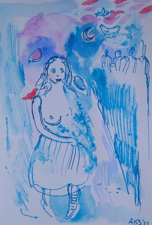 Woman and the bird, 15X21 cm ink drawing and painting by Aurelija Kairyte-Smolianskiene