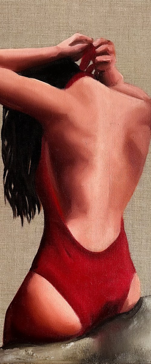 Girl in Red Swimsuit - Woman on Beach Female Figure Painting by Daria Gerasimova