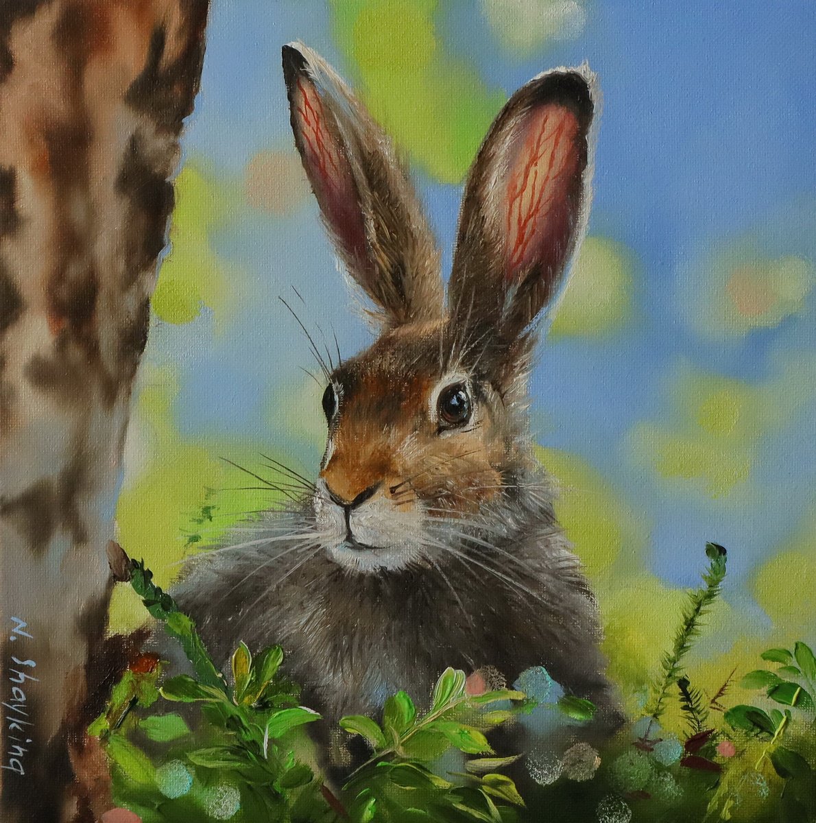 Photorealistic Oil Painting , Brown Hare Portrait, Spring Rabbit By Natalia Shaykina, 8 X 8, Artwork For Sale On Artfinder