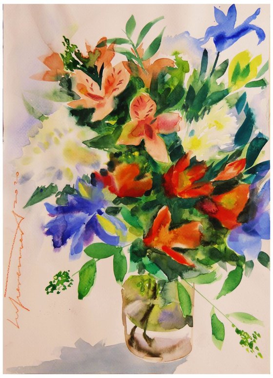 Motley Flowers in Glass Vase Watercolor Painting Floral Art