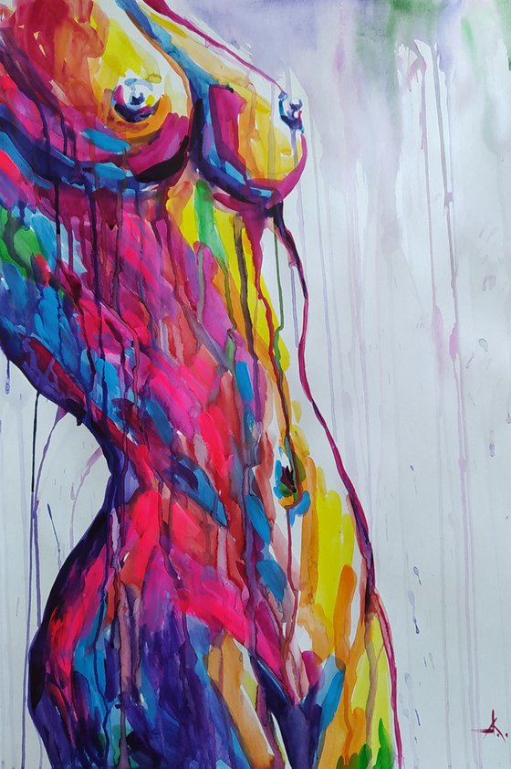 Walk under the rain - erotic, nude, woman, woman body, nu, girl, watercolor painting, acrylic, body