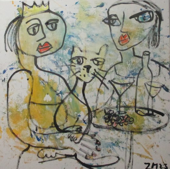 girls with cat - acrylicpainting 80x80cm 31,5  x 31,5 inch