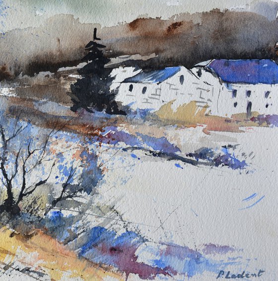 Village in winter watercolor