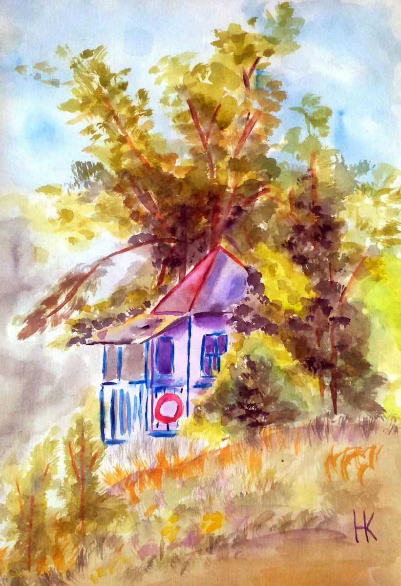 House Painting Original Watercolor Art River House Landscape Artwork Beach Cabin Home Wall... by Halyna Kirichenko