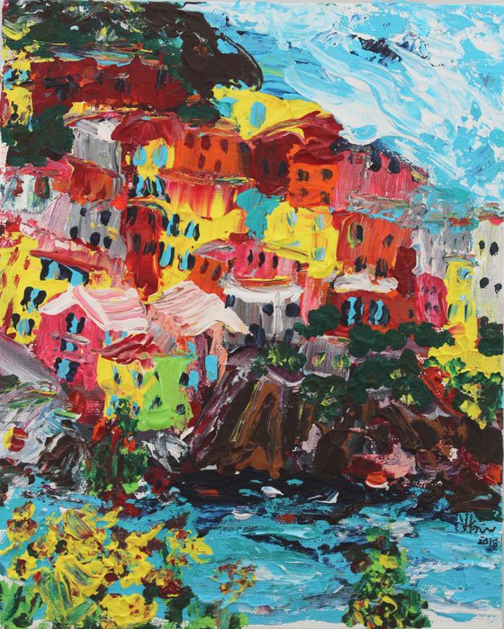 Cinque Terre, Italy, 2018 - My Non-Dominant Hand Travel Series - Abstract Impressionistic Palette Knife Acrylic Painting on Canvas