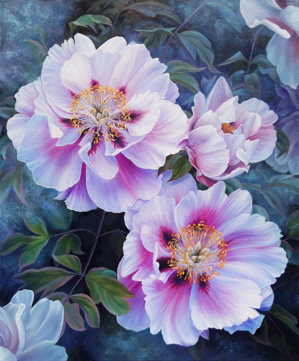 Peonies in the garden, oil floral painting, flowers artwork by Anna Steshenko