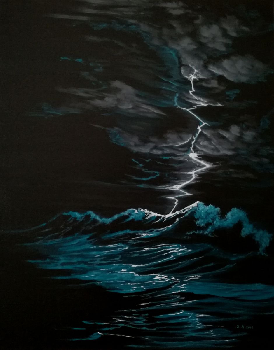 Landscape Acrylic Painting By Zoe Adams, 16 X 20", Lightening Storm, Original Artwork