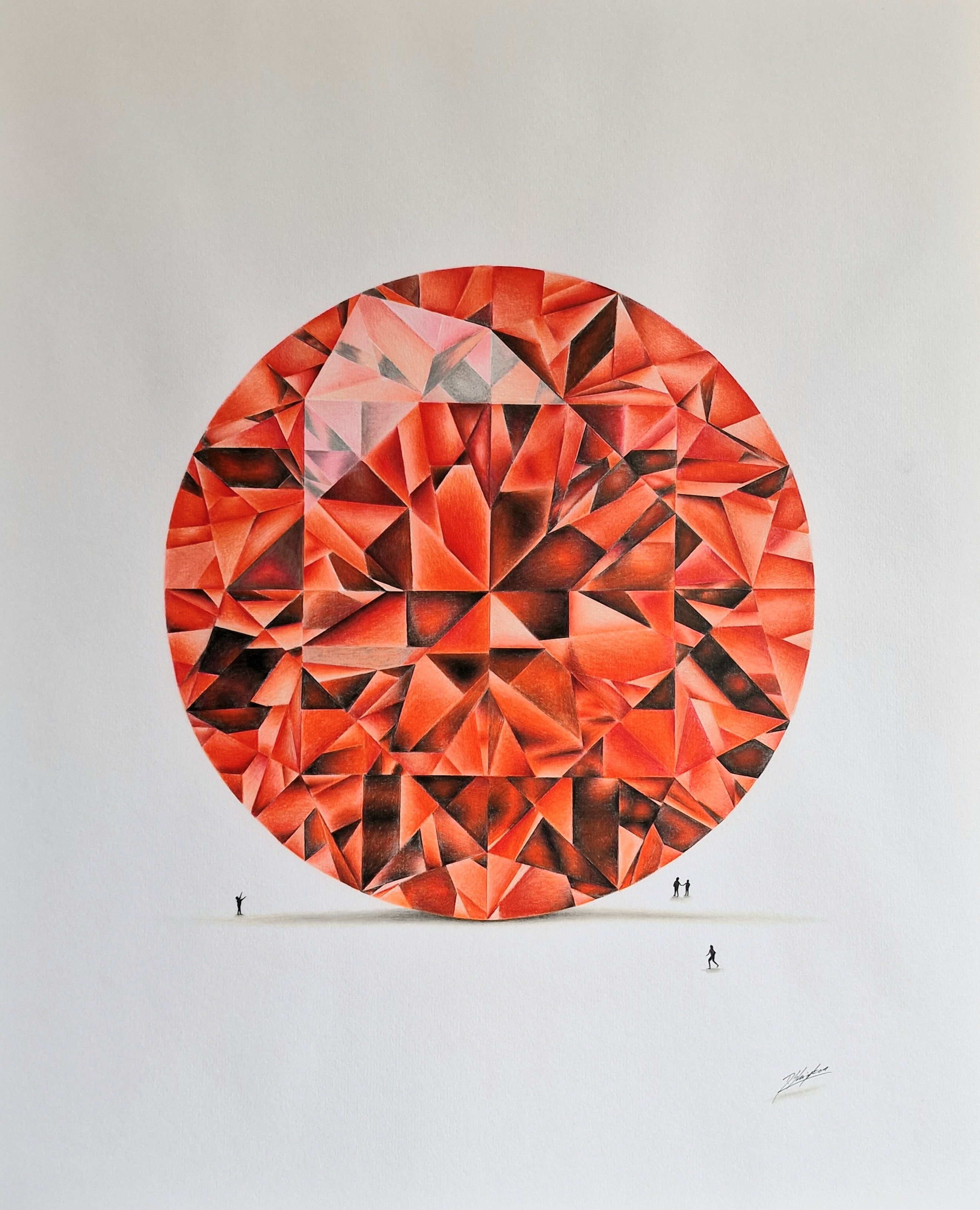 Photorealistic Still Life Pencil Drawing By Daniel Shipton, 16 X 20, Round Cut Ruby, A Drawing A Best Friend, Original Artwork